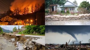 A collage image of 4 natural disasters: fire, flooding, earthquake, tornado