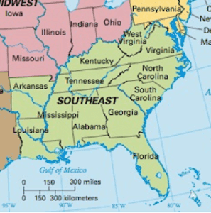 A map of the southeastern part of the United States.