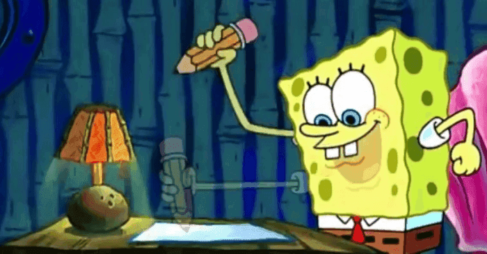 Cartoon character Spongebob writing an essay