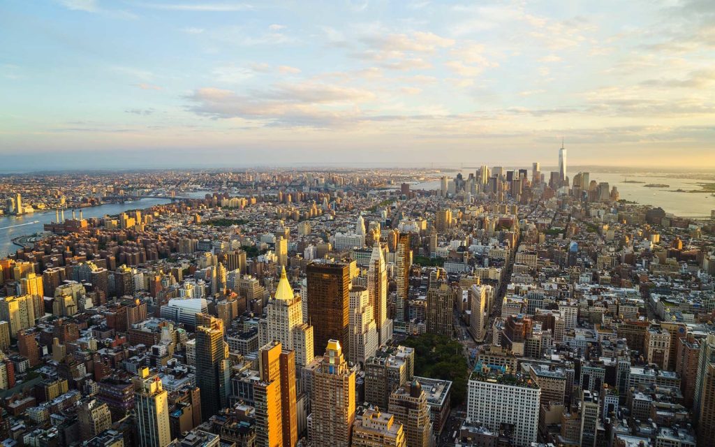 A skyline view of New York City.