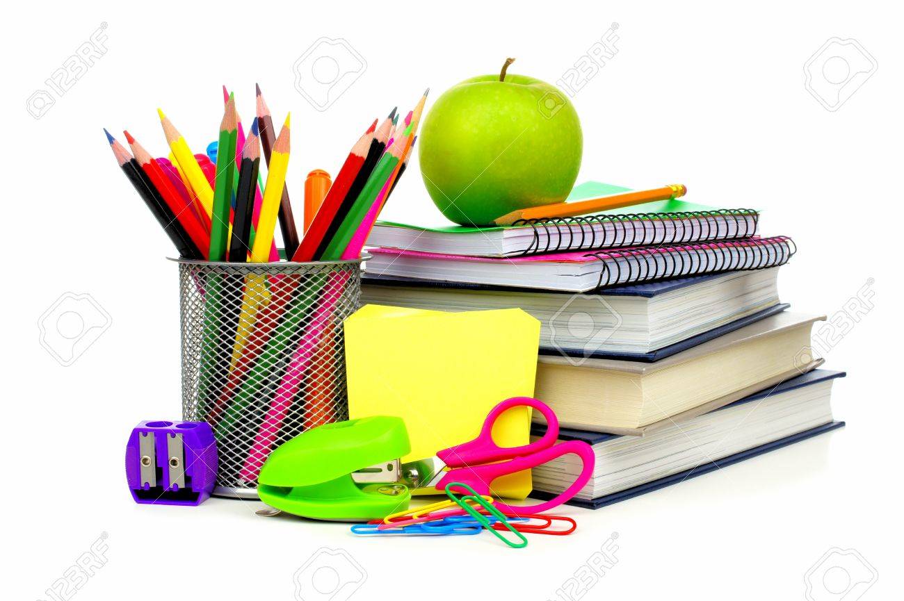 books, pencils, stapler, pair of scissors