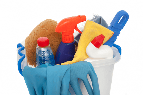 Different cleaning tools in a bucket