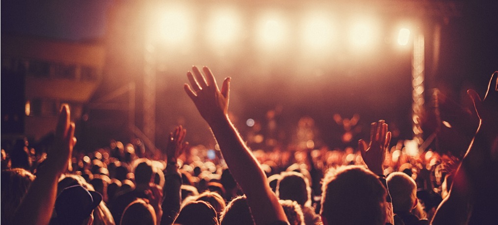 students attending a concert with someone's hand up
