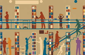 An illustration of students borrowing books at the library