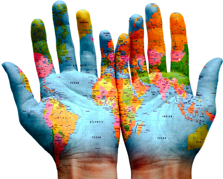 Map of the world printed on hands 