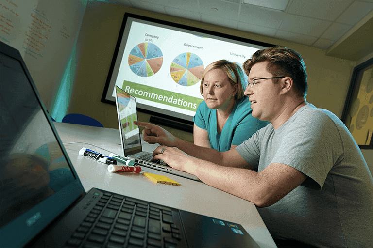 Students discussing graphs and pie charts