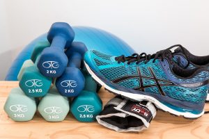 Shoes, dumbbells, and an exercise ball