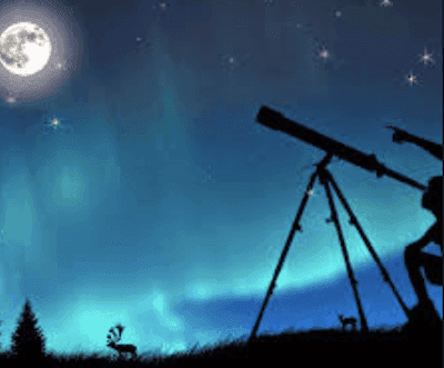 person using telescope looking at the starry skies with a large moon