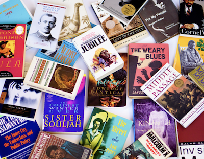 Various African-American books laid out in display