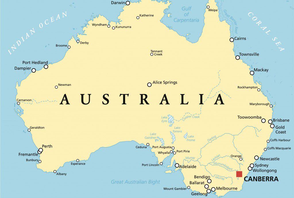 A map showing the Australian country, its main cities and the oceans and seas that surrounds it (the Indian Ocean and the Coral Sea)