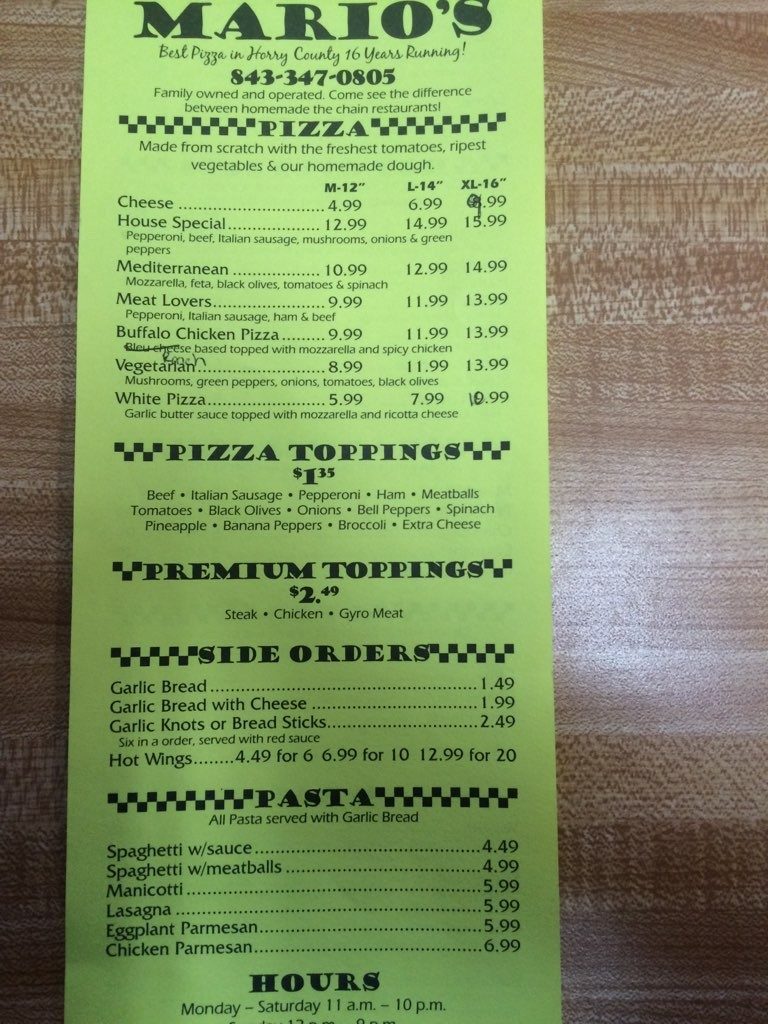 the menu for the pizza place
