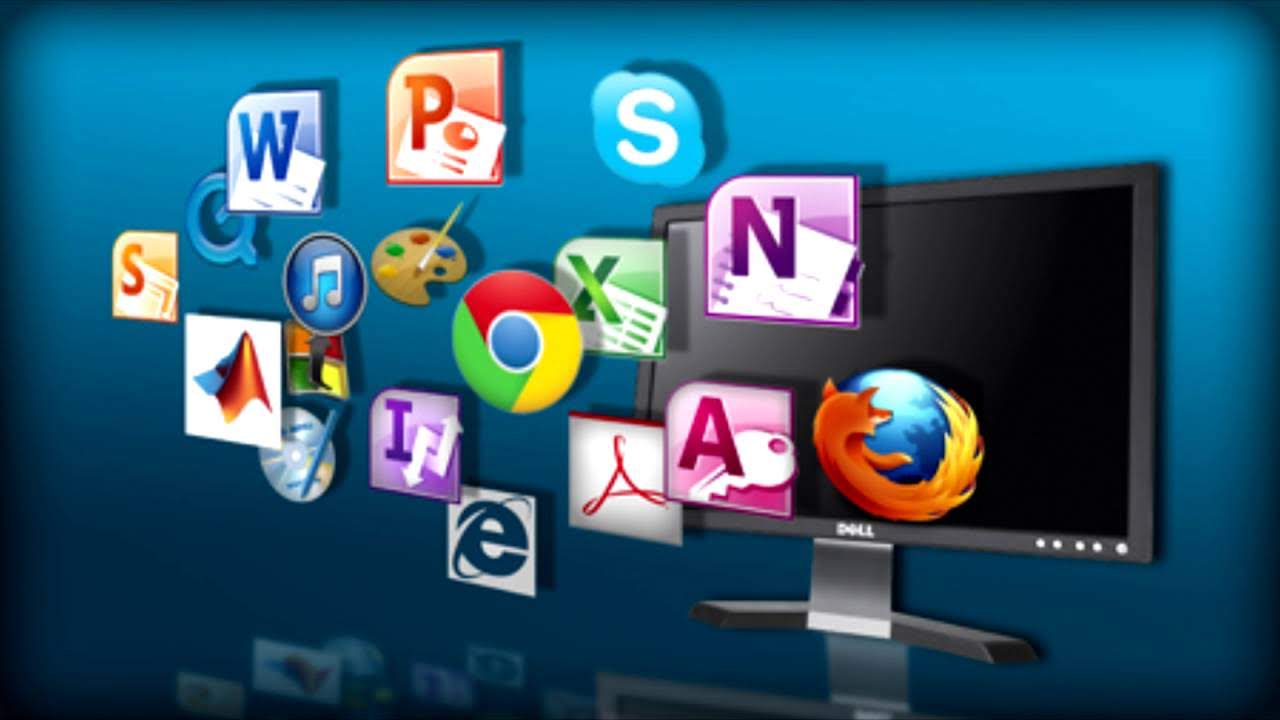 A black pc monitor in a blue background showing a lot of software like Google Chrome, FireFox, Microsoft Access, Microsoft Note, Skype, Paint, Microsoft Word, Microsoft PowerPoint, iTunes, Intenet Explorer, Adobe, etc