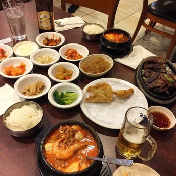 A table with various Asia cuisines at Seoul Soon Dubu