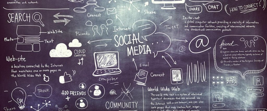 An image of social media communication drawn out on black chalkboard.