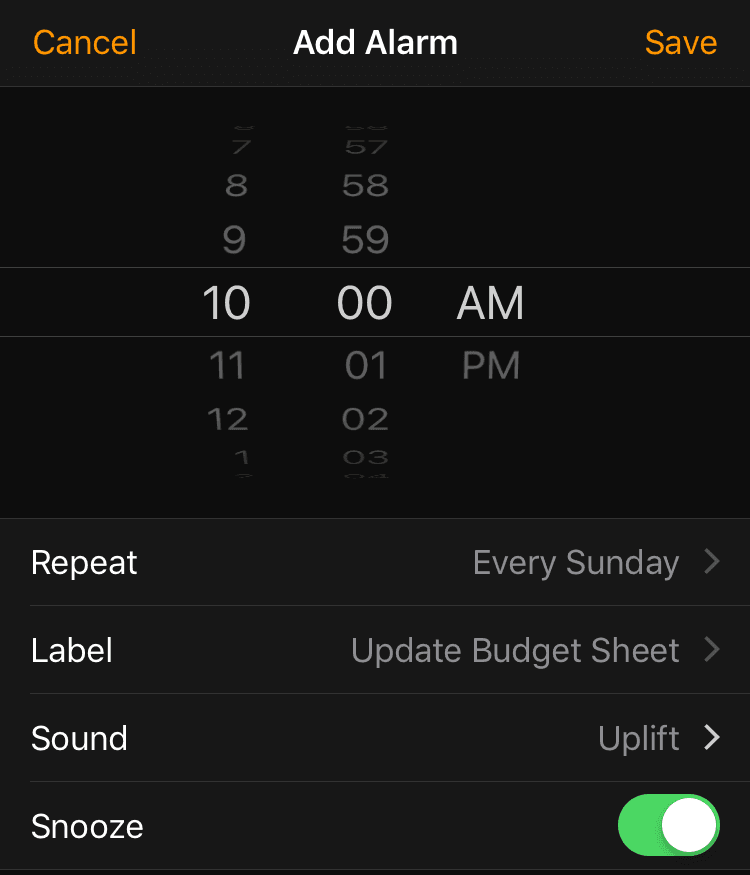 image of an alarm interface from an iphone set to repeat every sunday to remind user to update their college budget template