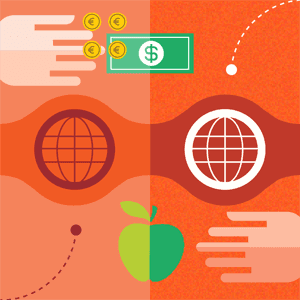 person giving money for an apple in a cartoon that represents microeconomics