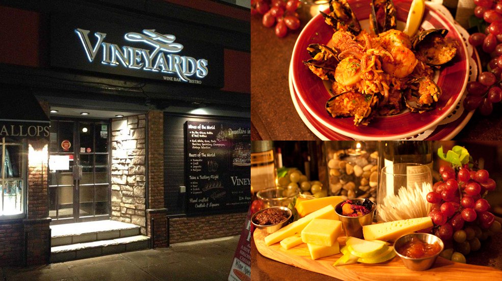 front of vineyard bistro with a cheese platter and seafood bowl