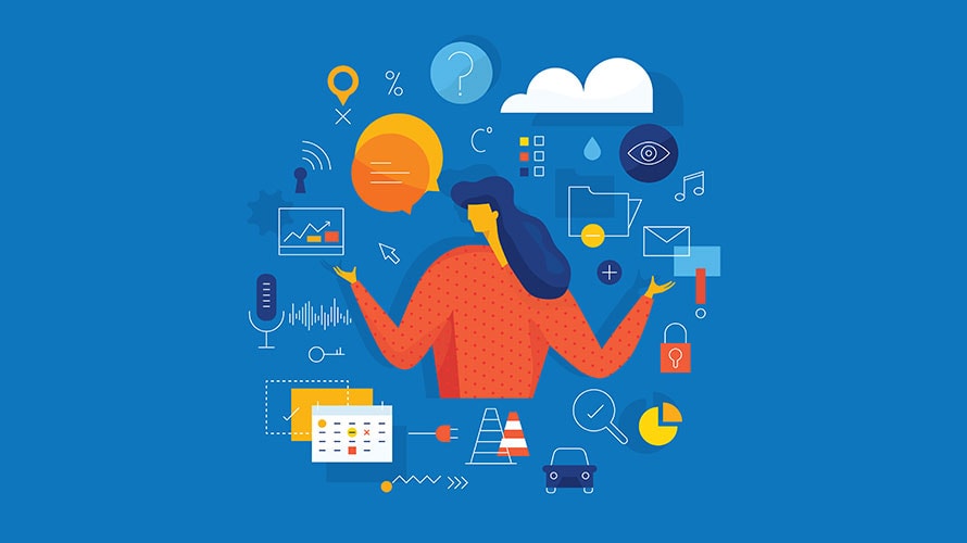 cartoon of person surrounded by technology and entertainment
