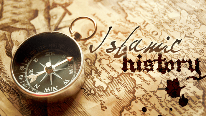A poster written Islamic history with a compass on top of a map