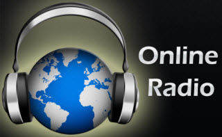 A poster written Online Radio with a headphone set on a globe