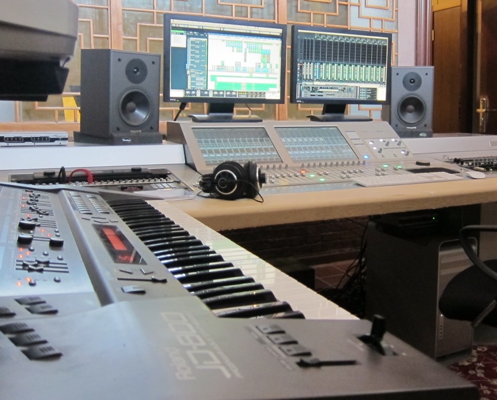 Equipment in a music production studio