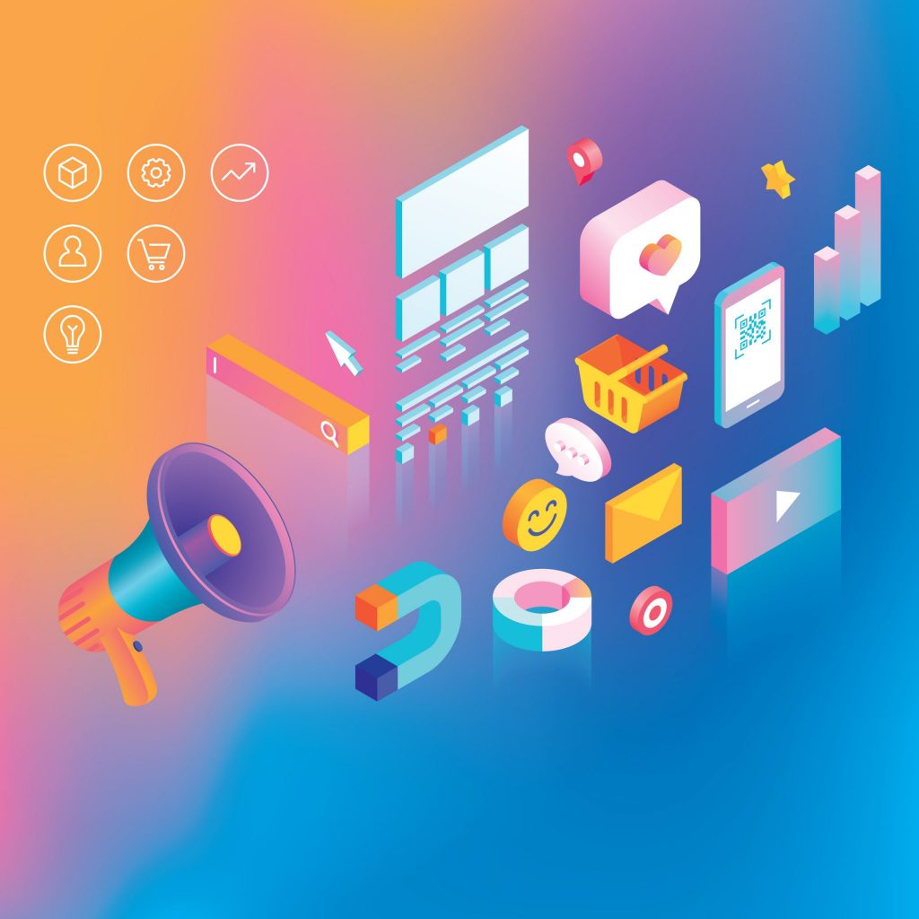 graphic design representation of marketing and digital tools 