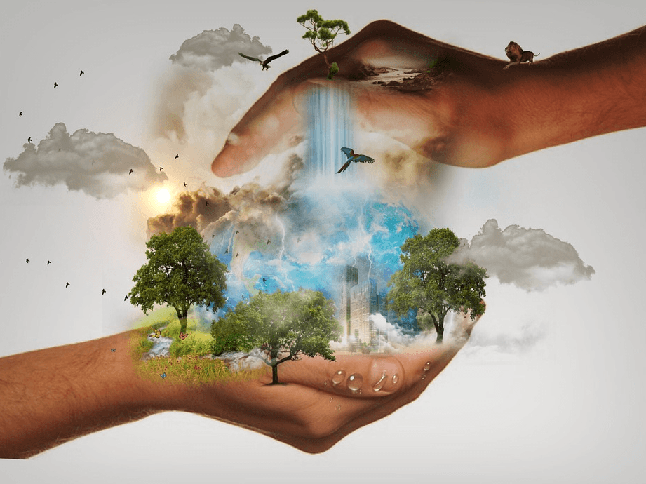 a digital art concept of the world on the hands of man