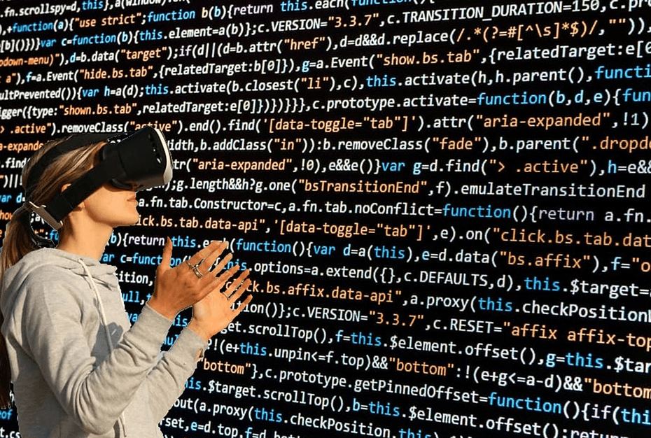 woman wearing 3D gear with computer codes on the background