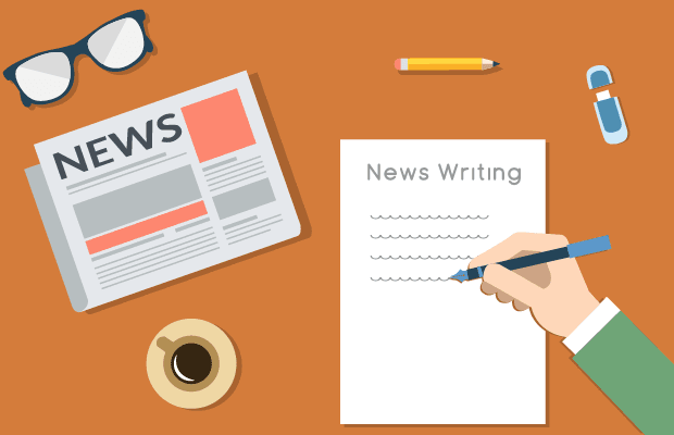 A cartoon illustration of a newspaper, a pair of spectacles, a cup, and a person writing on a piece of paper