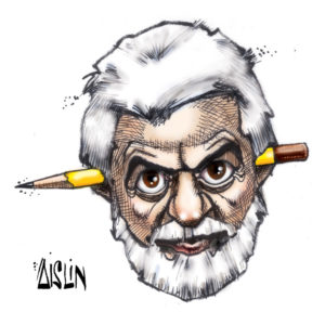 A cartoon drawing of a man's face with a pencil running through his ears