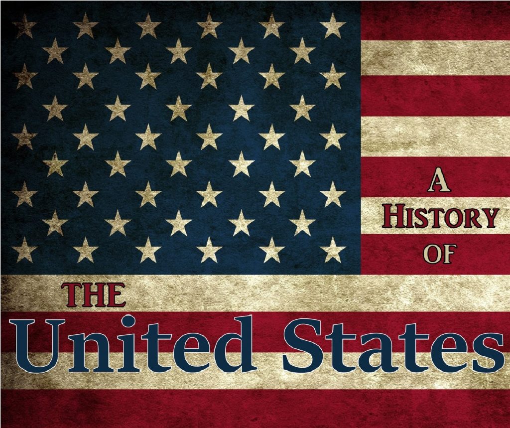 An old American flag with the words "A History of the United States"