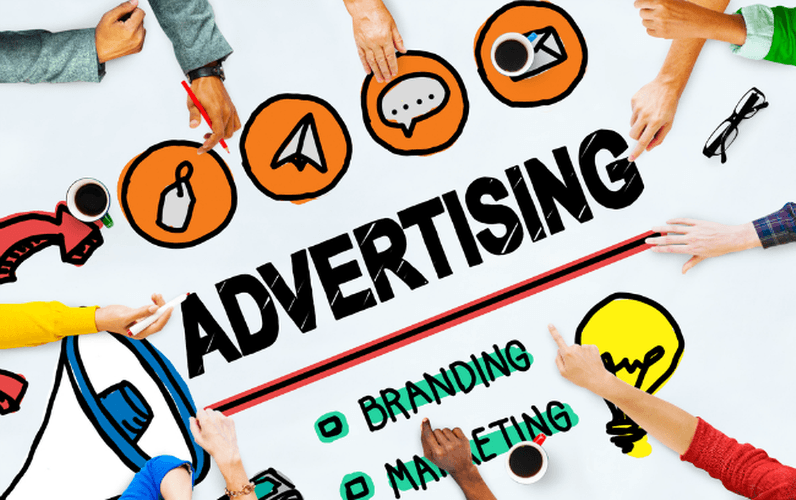 picture of advertising on the background iwht icons, and hands reaching out like at a business meeting