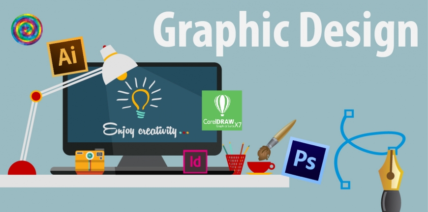 A poster written Graphic Design showing a cartoon of a laptop and tools used in graphic design