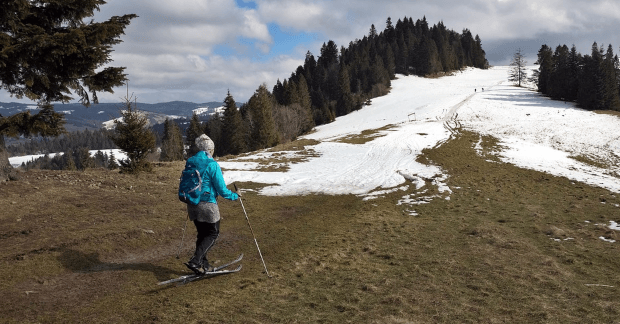 a concept of a woman skiing on a grassland while snow is receding