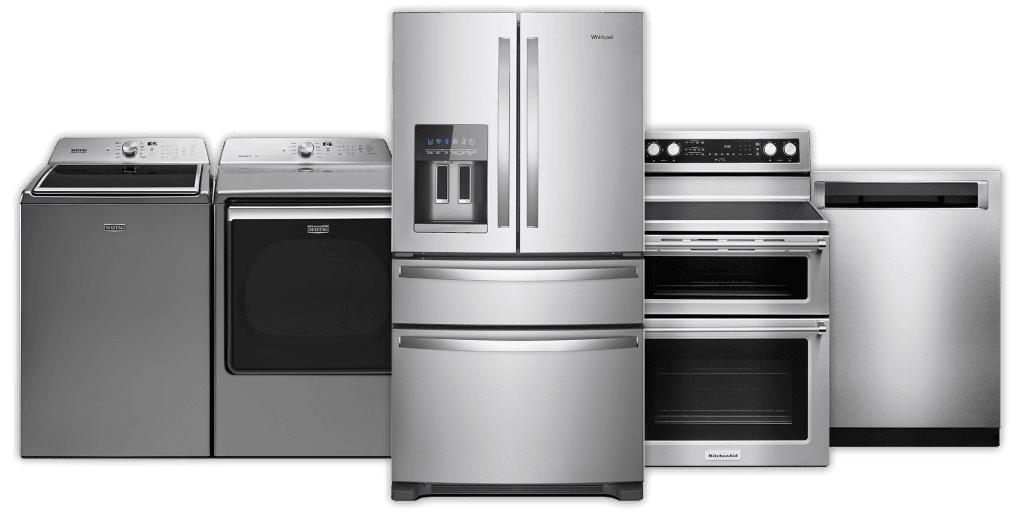 5 stainless steel appliances: washer, dryer, fridge, stove, oven, dishwasher