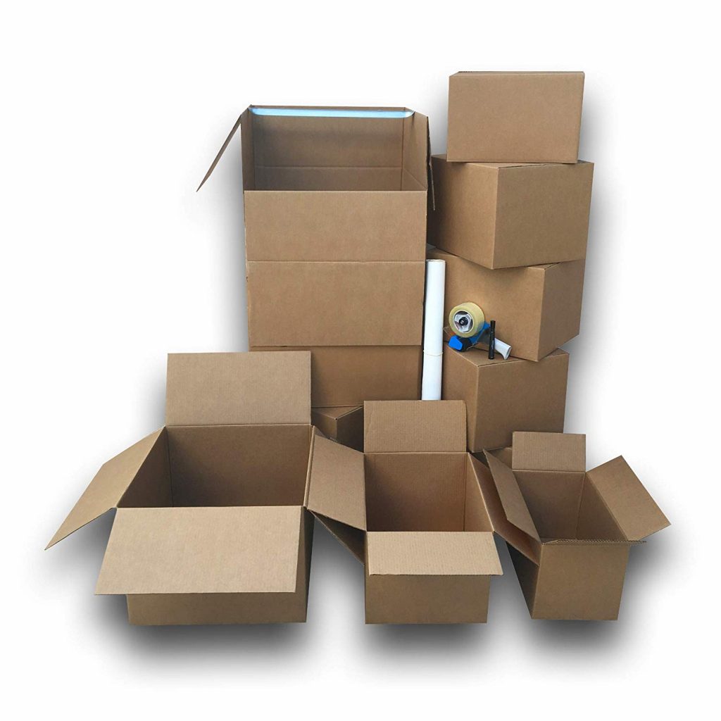 pile of moving boxes and supplies