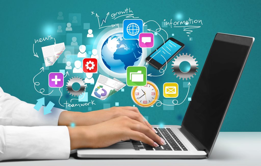 student typing on a laptop with discounted technology apps floating around above it
