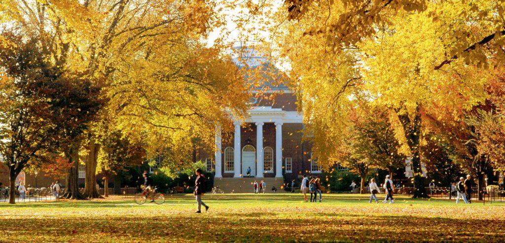 University of Delaware fall campus with students walking around