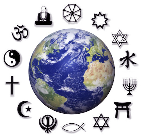 The world surrounded by symbols of the major religions