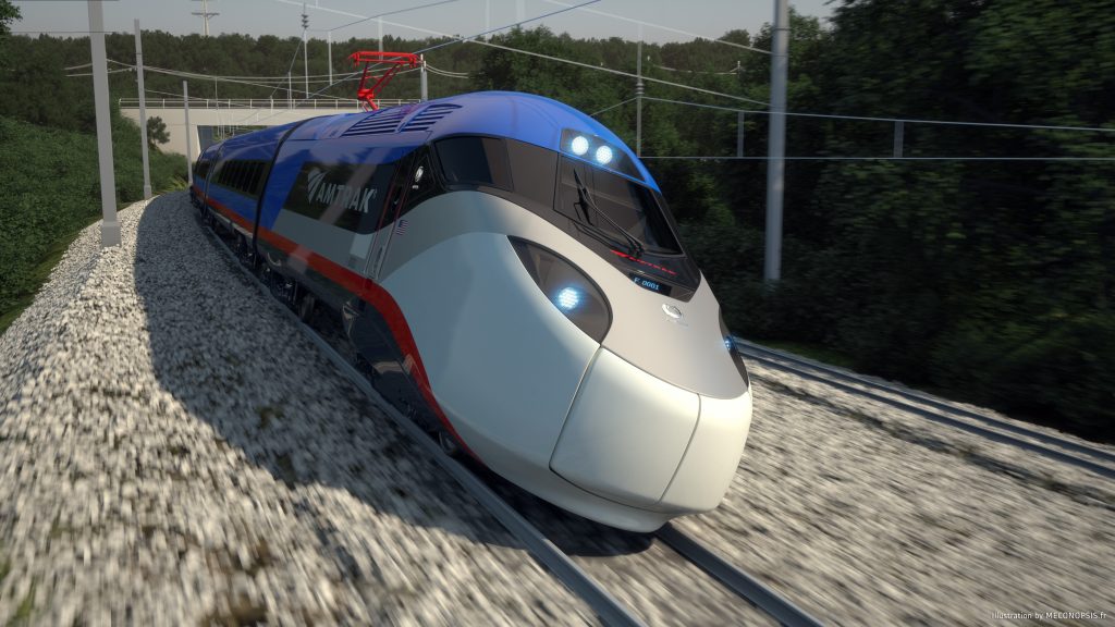 amtrak railway car speeding on a railway
