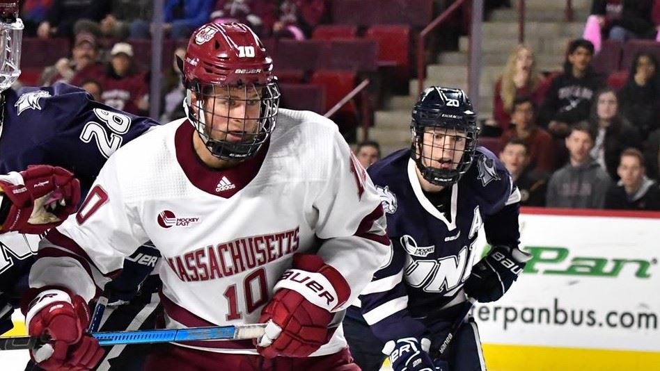 An UMass ice hockey player during a match