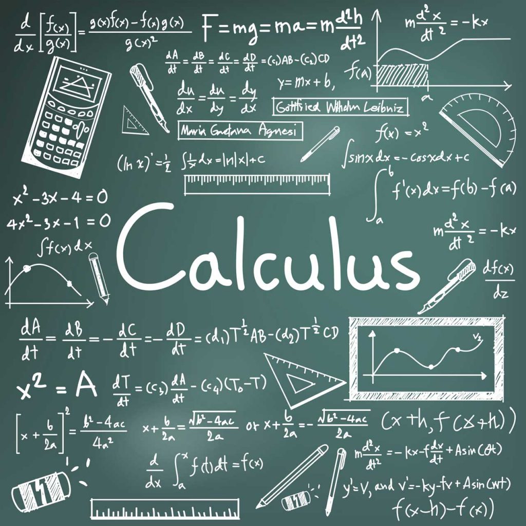 A chalkboard with various equations and tools used in Calculus courses. 
