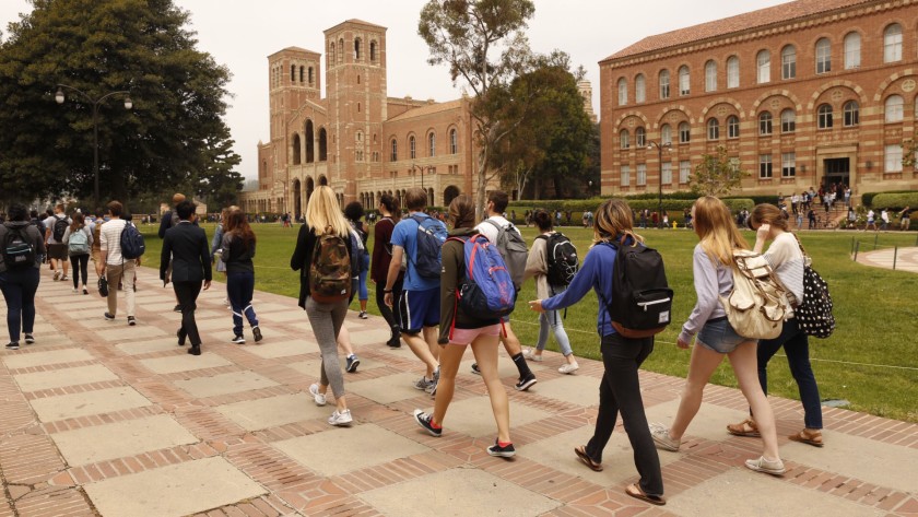 Students walk on campus at UCLA. 