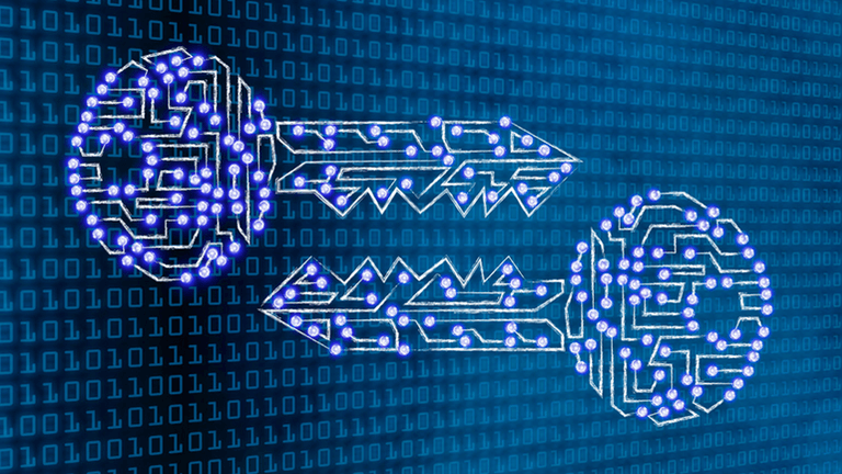 Two big key shaped figures with a background of multiple zeros and ones.