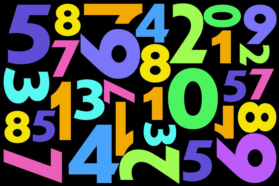 Colorful numbers in neon in different directions with a black background. 