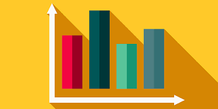 A bar graph with different color bars in front of a yellow background. 