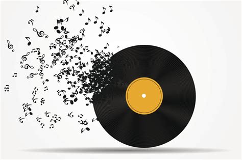 A music record with music notes spilling from the side of it.