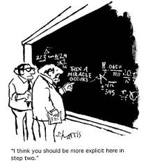 a cartoon of two people writing a mathematical proof on a black board